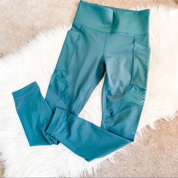 Pants - Teal High Waisted Mesh Panel Cropped Athletic Leggings